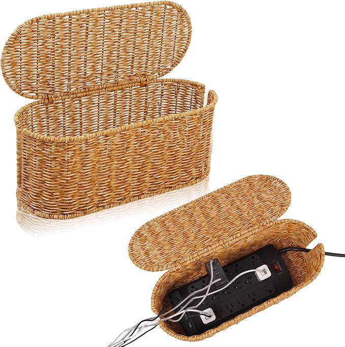 Cable Management Box, Handmade Rattan Cable Organizer, 2 Open Slots Cords Hider Box, Under Desk Cord Organizer for Computer Router USB Hub & Power Strip, 15.9" x 6.5" x 6.5", Natural