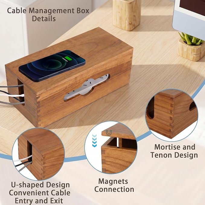 Cable Management Box,Cord Organizer Hide Desk Floor Wires,Home Office,Wood | Natural Wooden Cable Box Cover Power Strip Cord