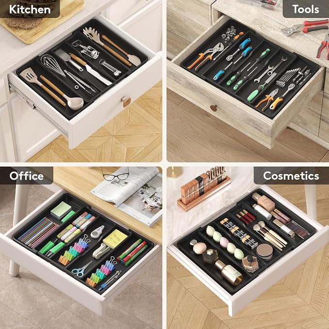 Lifewit Utensil Organizer, Adjustable Kitchen Drawer Organizer, Expandable Cooking Utensil and Cutlery Tray, Plastic Divider Holder Black 11.4-19.8" x 14.5"