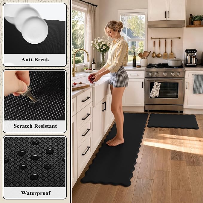 KIMODE Scalloped Kitchen Mats for Floor Cushioned Anti Fatigue,Black Carpet | Wavy Kitchen Sink Rugs Sets of 2 Non Slip,Comfort Memory Foam Kitchen Floor Mat for Office Laundry,Dormitory,Bath,Bedroom