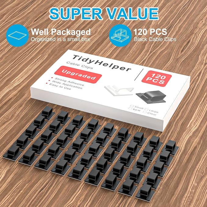 120 PCS Cable Clips, Adhesive Cord Clips for Wires on Wall, Strong Wire Clips Holders Cord Organizer for Cable Management, Christmas Lights, USB, Phone Charger, Cat 6, Car Dash Cam (Small, Black)