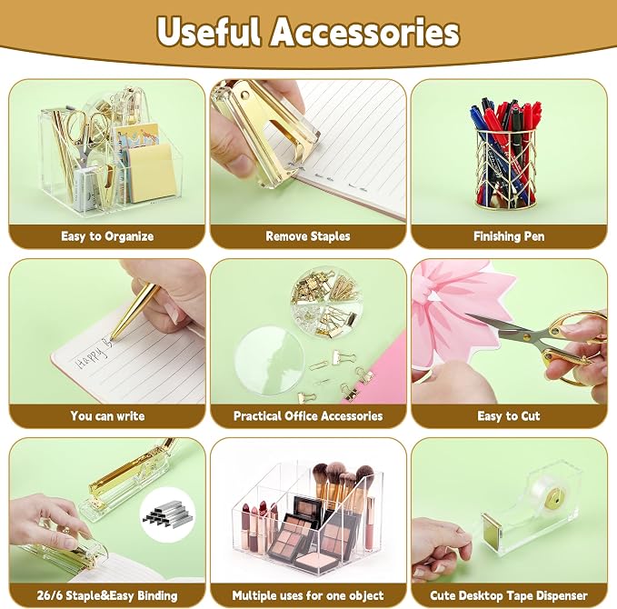 11 Pcs Acrylic Office Supplies Set Clear Desk Oganizer Accessories Kit include 2 Ballpoint Pen Pen Holder Stapler Tape Dispenser Staple Remover Clips Scissors for Office School Home