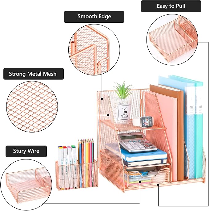 Topwey Rose Gold Desk Accessories, Office Supplies Desk Organizer Caddy with Sliding Drawer, Double Tray, File Organizer and pen holder for Home, Office School