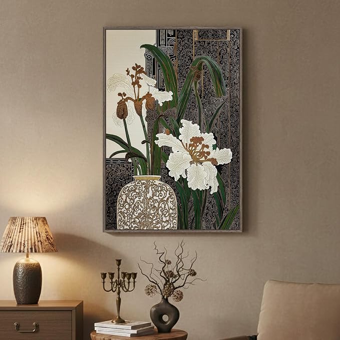 Framed Vertical Vintage Botanical Wall Art, Retro Zen Chinoiserie White Floral Canvas, Antique Asian Chinese Peony Painting Prints for Living Room Bedroom Office Hallway Entryway Wall Decor, 24x36