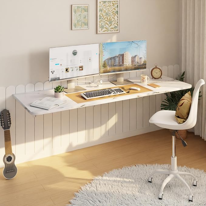 IAE Wall Mounted Floating Foldable Desk, 55" x 22" Folding Computer Workstation Table with Engineered Wood and Metal Shelf Brackets,Fold&Floating Design for Home Office, Apartment,Laundry Room,White