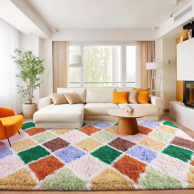 Area Rugs for Living Room Bedroom 8x10, Ultra Fluffy Shag Checkered Rug Modern Washable Carpet Soft Shaggy Non Slip Indoor Plush Fuzzy Rugs for Bedroom Dorm Office Home Aesthetic Decor, Colorful