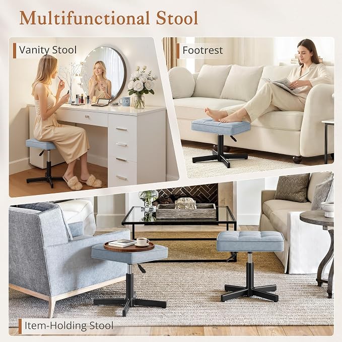 LUE BONA Adjustable Vanity Stool, 15''-19.5'' Foot Rest Under Desk, 360° Swivel Vanity Chair for Makeup Room, Blue Upholstered Faux Leather Ottoman for Bathroom & Living Room, 300lbs