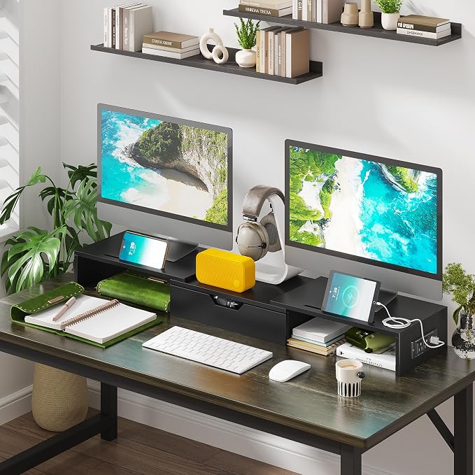 Dual Monitor Stand with USB Ports Wood Monitor Stand Riser with Drawer | Adjustable Desk Shelf,Desk Organizer for Computer,Laptop,Study&Office,No Assembly Required,Black