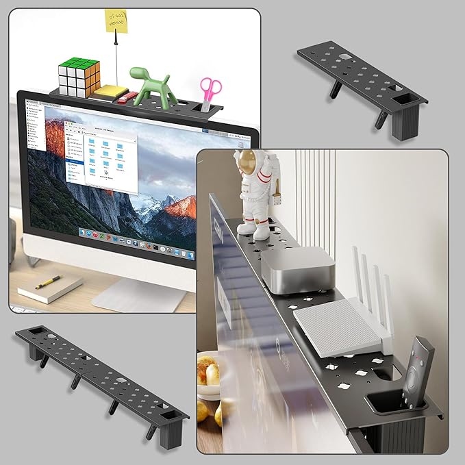 Steel TV Top Shelf - Adjustable Monitor Shelf Floating Stand with 2 Storage Boxes, Computer Screen Mounted Storage Bracket for Soundbar Router Cable Box Game Console Remote (36.65 x 4.33 Inch)