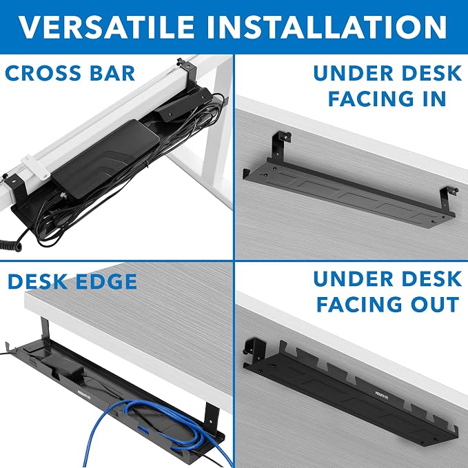 Mount-It! Premium Under Desk Cable Management Tray – 23" Heavy-Duty Steel Cable Tray & Cord Basket for Standing Desk & Home Office, Secure Crossbar or Screw Mount Wire Organizer (Black)