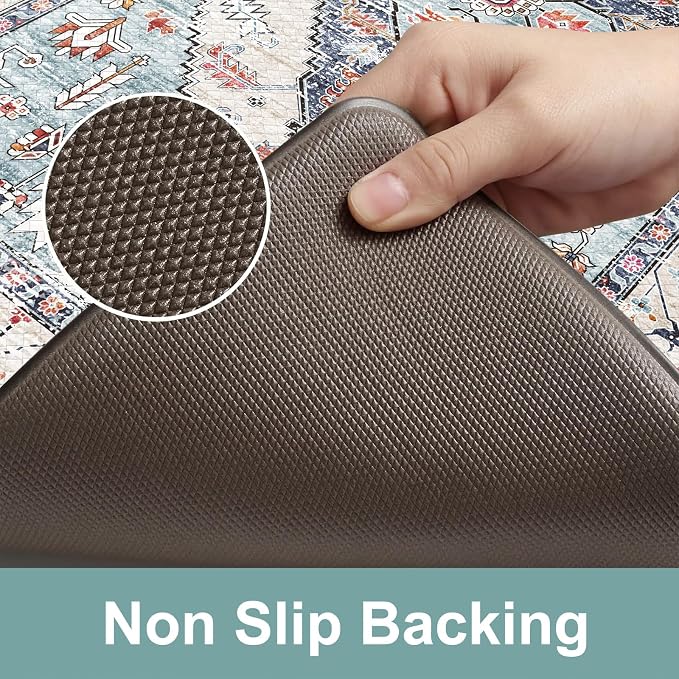 KIMODE Anti Fatigue Kitchen Mats, Boho Distressed Kitchen Rugs 20"x59"+20"x32", Non Slip Waterproof Kitchen Floor Mats, Comfort Foam Mats for Kitchen Floor Sink Laundry Office Desk Blue