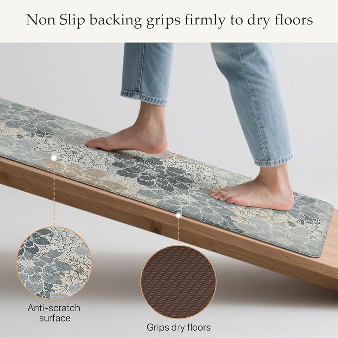 GENIMO Anti Fatigue Kitchen Mats for Floor 2PCS, Cushioned Standing Mats | 17.3"x47"&17.3"x30", Light Blue vintage floral rug set, waterproof, non slip, easy-clean for farmhouse