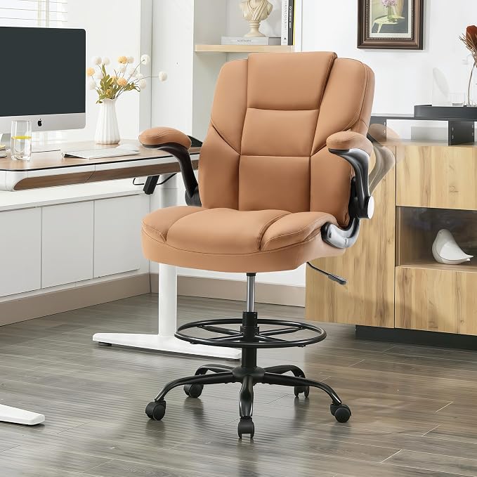 Drafting Chair 500Lbs, Tall Office Chair for Standing Desk, High PU Leather Executive Office Chair with Flip-up Armrests, Ergonomic High Chair with Adjustable Foot Ring, Comfy Stool Chairs, Brown