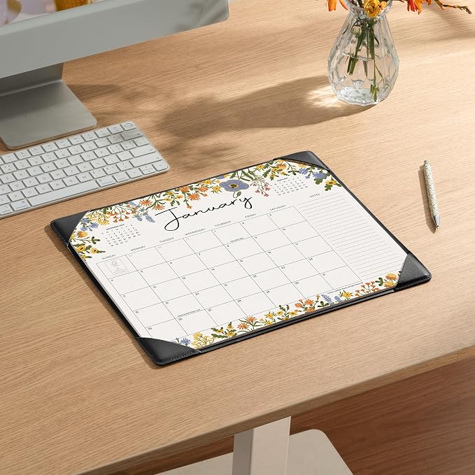 Desk Calendar 2026 with Desktop Mat, Cabbrix Desk Pad Calendar 15 x 12 Inch Runs From July 2026 to December 2027, Floral Design Calendar 2026 for Home School and Office (Black)