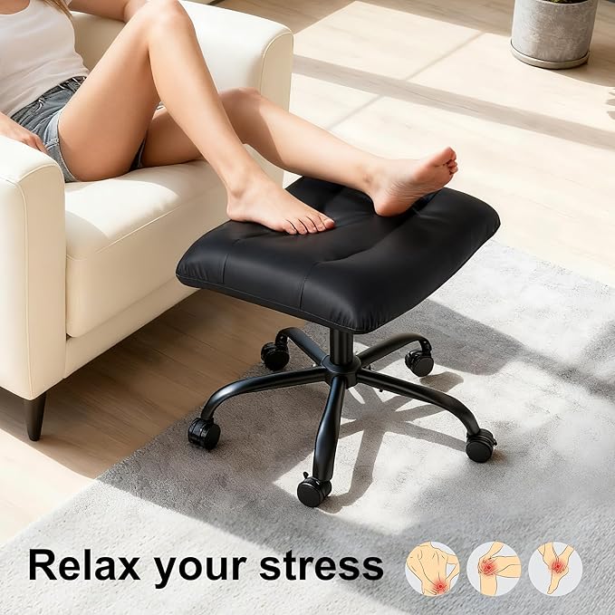 Frassie Mobile Gaming Office Footrest Stool Under Desk Multi-use Height Adjustable Rolling Foot Stool Rest Ottoman (Black)