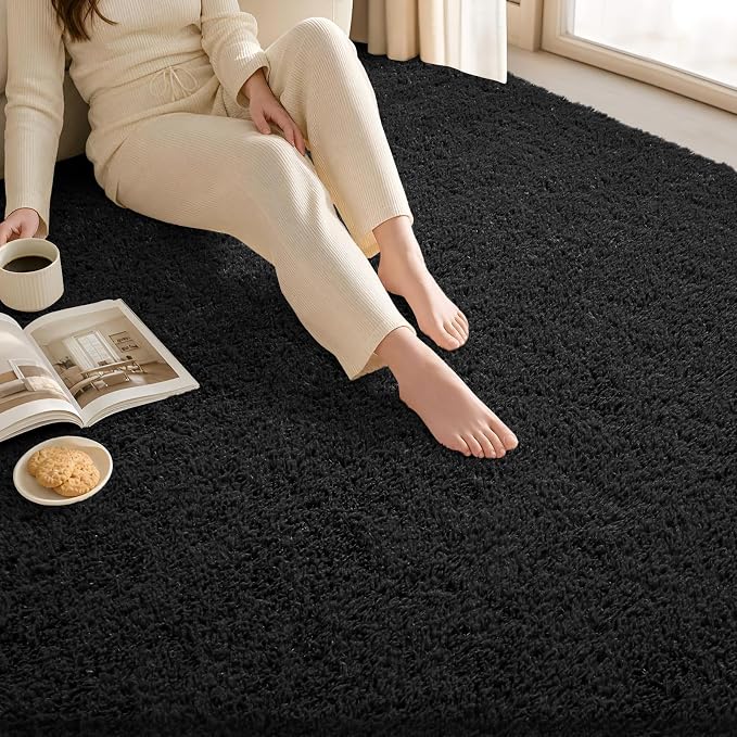 Zentavio Area Rugs for Living Room Small Carpet for Bedroom Black 3x5 Bedside Washable Soft Fluffy Shag Aesthetic Plush High Pile Throw Rug for Nursery Kids Room Dorm Room