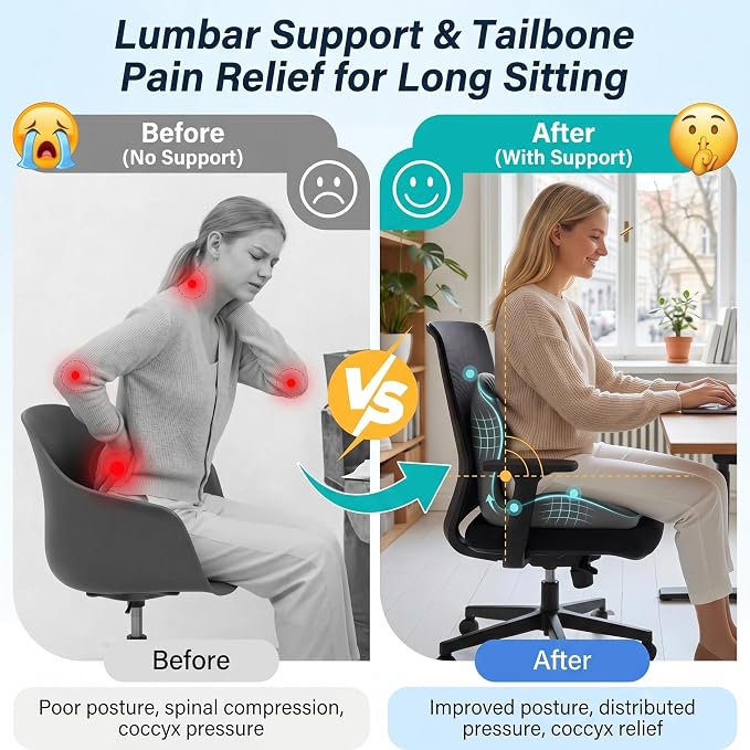 Ergonomic Seat Cushion with Lumbar Support (Grey) | Office Chair Seat Cushion, Memory Foam Orthopedic Cushion with Tailbone Hollow, Sciatica & Back Pain Relief for Long Sitting