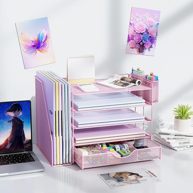 gianotter 5-Tier Desk Organizer with Drawers and File Holders | Letter Trays and Pen Holders - Workspace Accessories for Office Supplies (Pink)