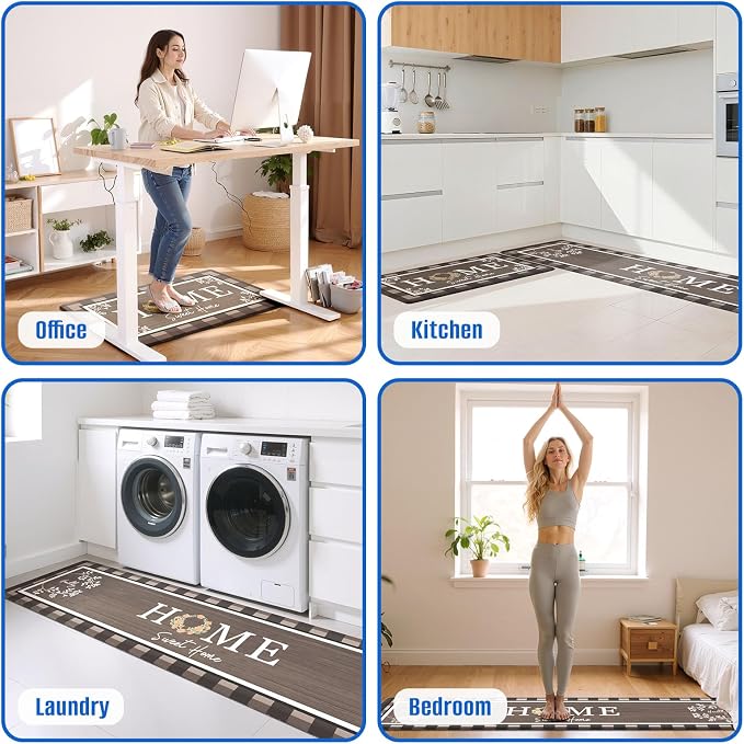 Kitchen Rugs, 2 PCS Kitchen Mats for Floor, Cushioned Non-Slip Anti Fatigue Mats for Kitchen Floor, Kitchen Runner Rugs for Standing Desk, Office, Laundry(17.3’’x 30’’+ 17.3’’x 70’’, Brown