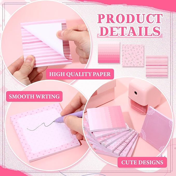 9 Pcs Aesthetic Sticky Notes Cute Pastel Self Stick Notepads Easy to Post Desk Supplies for Home Office Decor School Accessories Women Birthday Coworker Gifts(Pink)