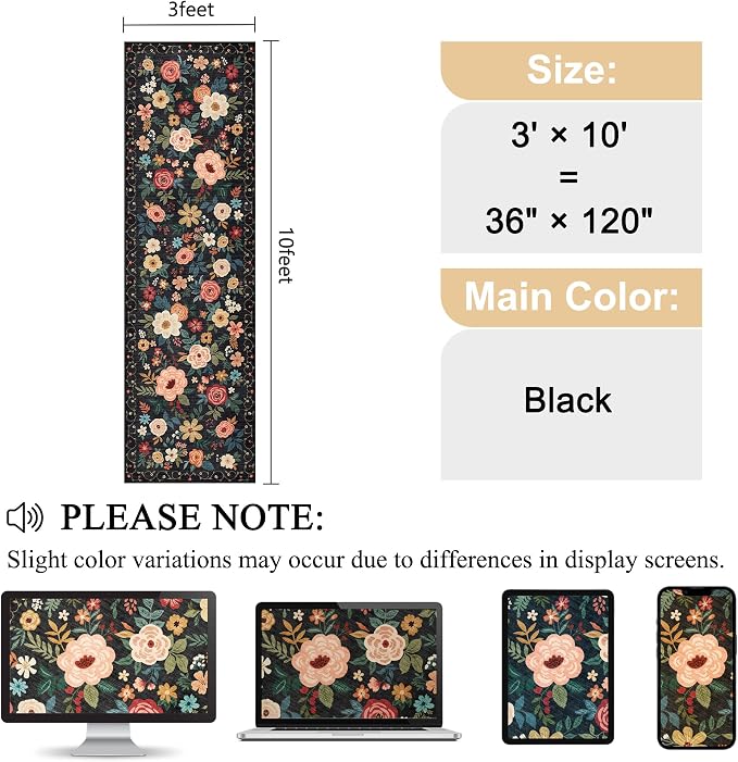 DUKINO 3x10 Runner Rug for Hallway, Washable Kitchen Floral Runner Rug with Non Slip Backing, Low Pile Soft Boho Carpet for Kitchen, Hallway, Entryway, Laundry, Bedroom, Black