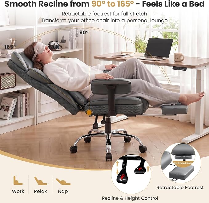 Office Chair 400 LBS, Heavy Duty High Back Executive Desk Chair | 23.6" Extra-Wide Seat with Footrest for Big & Tall Users, Ergonomic Lumbar Support, 165° Recline, Padded Arms, Gray, 2 Pack