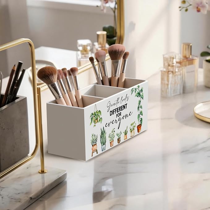 Botanical Mental Health Wooden Pen Holder for Desk, Growth Looks Different for Everyone Motivational Pencil Organizer Wooden Box Sign for Therapy Counseling Office Classroom Decoration