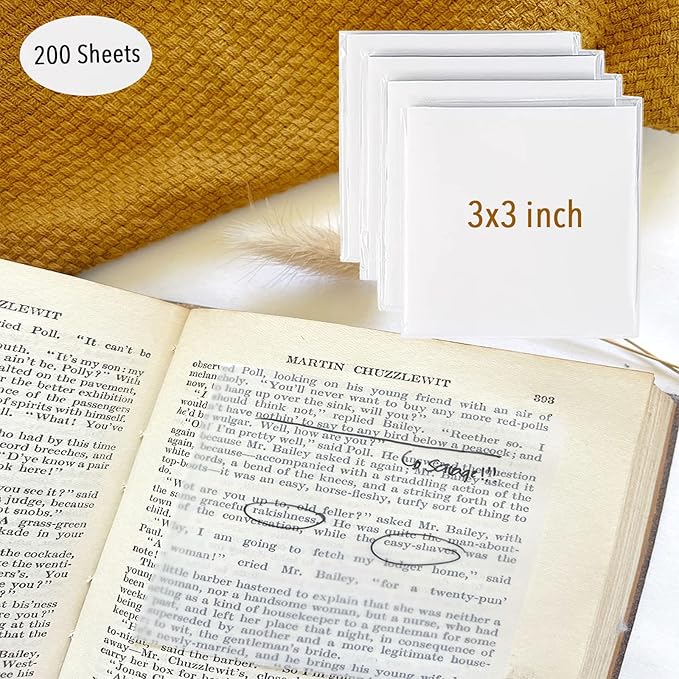200 Sheets Transparent Sticky Notes, 3x3 inch Clear See Through Sticky Notes, for Reading Writing Notes Book Markers, Study Office School Supplies, 50 Sheets/Pad (4 Pads)