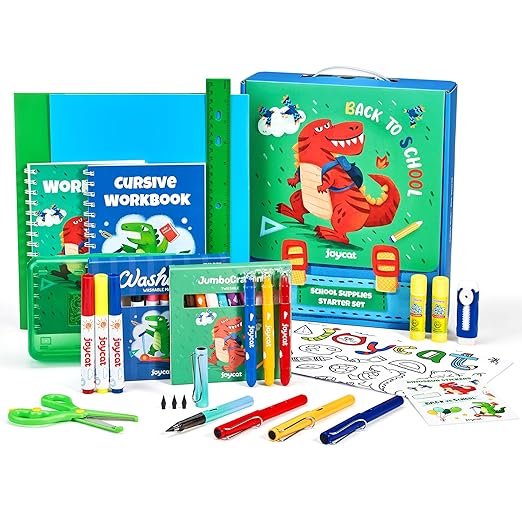 46-Piece Washable Back to School Supplies Gift Kit for Kids-Dinosaur Essential First Day Gift Set for Kindergarten & Elementary, Art Supplies & Refillable Tools, Ideal Kids Stationery Set for Boys.