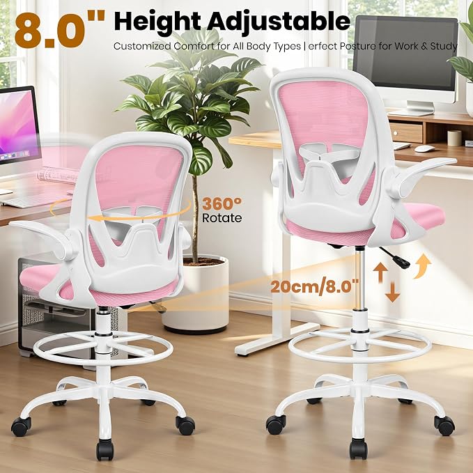 Primy Drafting Chair Tall Office Chair with Flip-up Armrests Executive Ergonomic Computer Standing Desk Chair with Lumbar Support and Adjustable Footrest Ring (Pink)