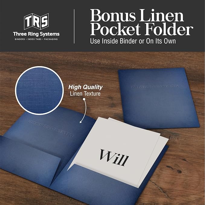TRS Estate Planning Binder Kit – Pre-Labeled Tabs, Sheet Protectors | 1.5" D-Ring Faux Leather Organizer for Wills, Trusts, Power of Attorney & End-of-Life Planning | Navy with Bronze