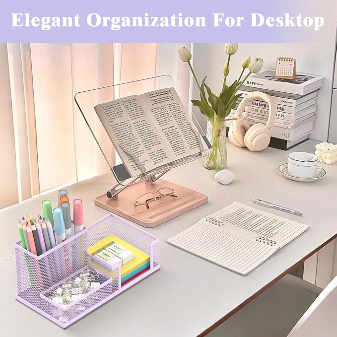 SUPEASY Mesh Pen Holder Desk Organizer, Office Supplies Pencil Storage with 3 Compartments, Office Desk Accessories and Workspace Organizers for Home School Classroom, Purple