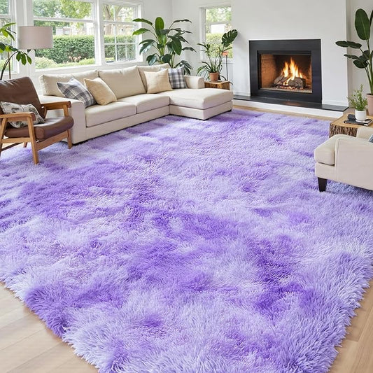 Area Rugs 9x12 Living Room,Large Area Rug Shaggy Carpet Soft Plush Furry Bedside Rug, Machine Washable Area Rugs for Bedroom Home Decor Non-Slip(9 x 12, Purple Starry)