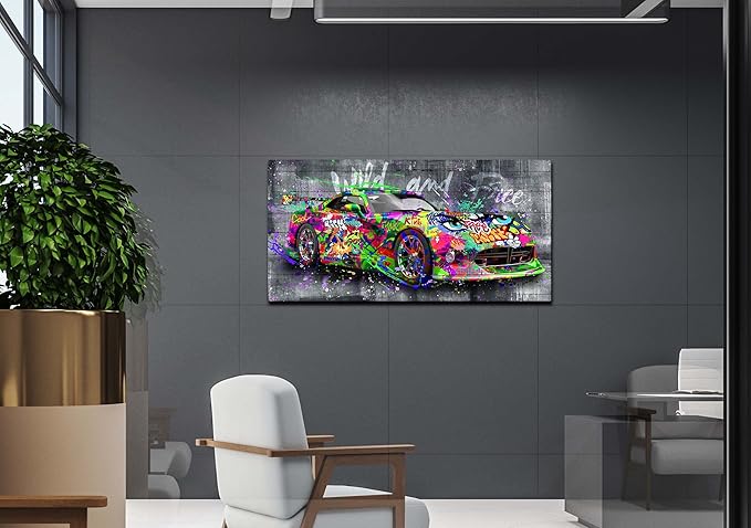 SIXTTART Graffiti Car Wall-Decor - Banksy Canvas Wall Art for Bedroom - Teen Boy Room Decor Ready To Hang Size 40" x 20"