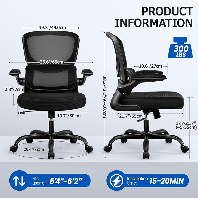 ALLGOD Office Chair Ergonomic Desk Chair, Breathable Mesh Desk Chair Comfy with Lumbar Support, Flip-up Armrests, Computer Chairs Comfortable for Home, Office, Work, Standard, 300Lbs