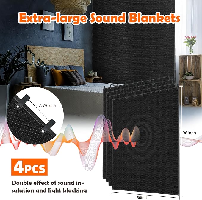 Soundproof Blanket for Door 96" x 80", 4 PCS Heavy Duty Sound Dampening Curtains, Noise Cancelling Studio Acoustic Blanket, Light Blocker, Moving with Grommets for Home, Window, Furniture, Black