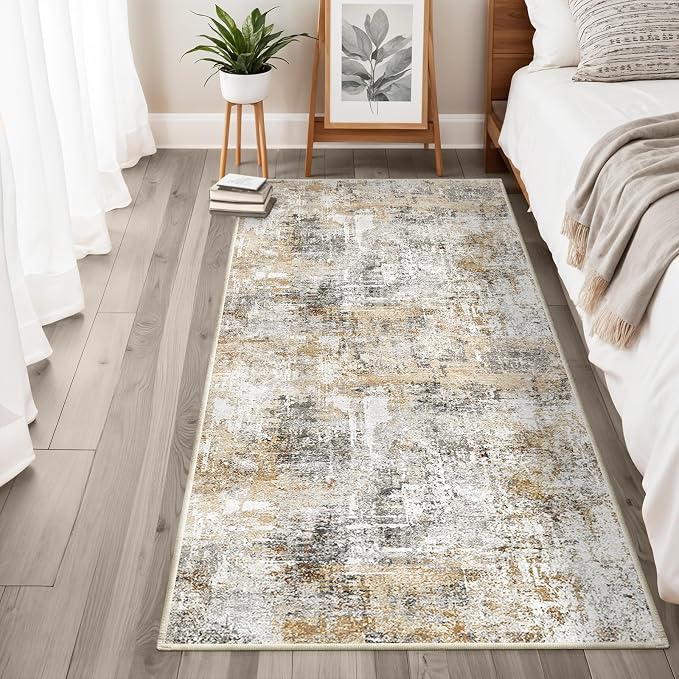 3x6 Washable Non-Slip Kitchen Runner Rug – Modern Abstract Wide Carpet Runner with Rubber Backing for Entryway, Hallway, Bathroom Low Pile Thin (Gold Grey)