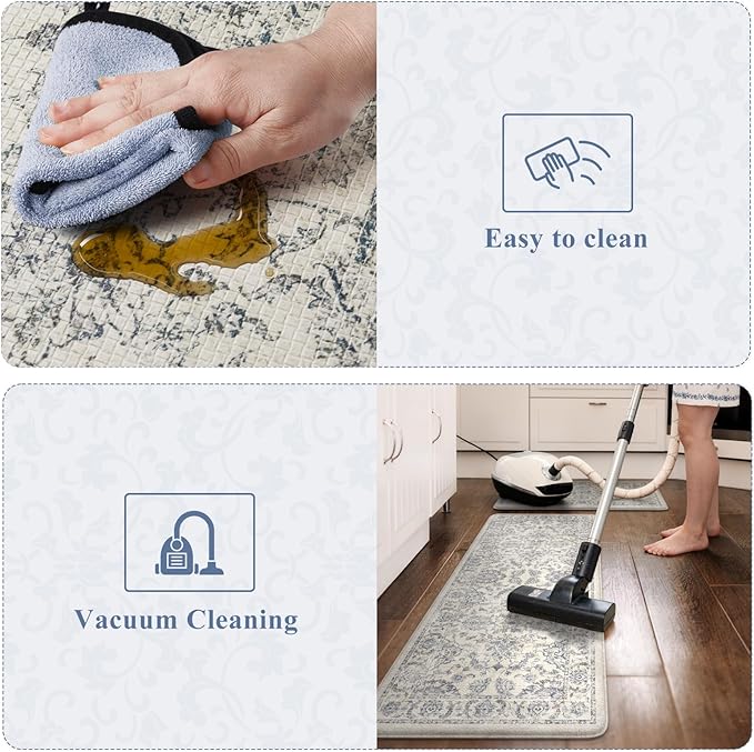 KIMODE Kitchen Mats for Floor Cushioned Anti Fatigue 2 Piece,Boho Floral Kitchen Rugs Non Slip 20" x 59"+20" x 32",Wide Memory Foam Kitchen Mat Carpet for Laundry Office Home,Blue