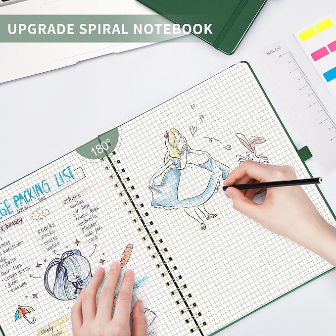 AHGXG Graph Paper Notebook - Spiral Notebook 8.5" x 11", A4 Large Hardcover Leather Journal Grid Notebook, 100 gsm Thick Graph Paper,Journals for School Writing Graphing Engineering Math, Green
