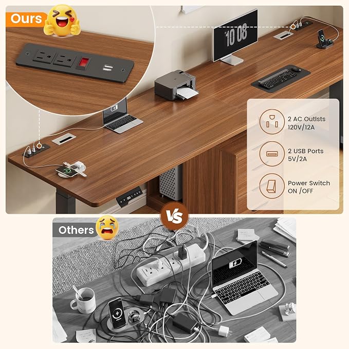 SEDETA Standing Two Person Desk, 94'' Long Computer Desk with 4 Drawers, 2 Power Outlets, CPU Stand, Electric Height Adjustable 2 Person Desk with Cable Management for Home Office, Brown