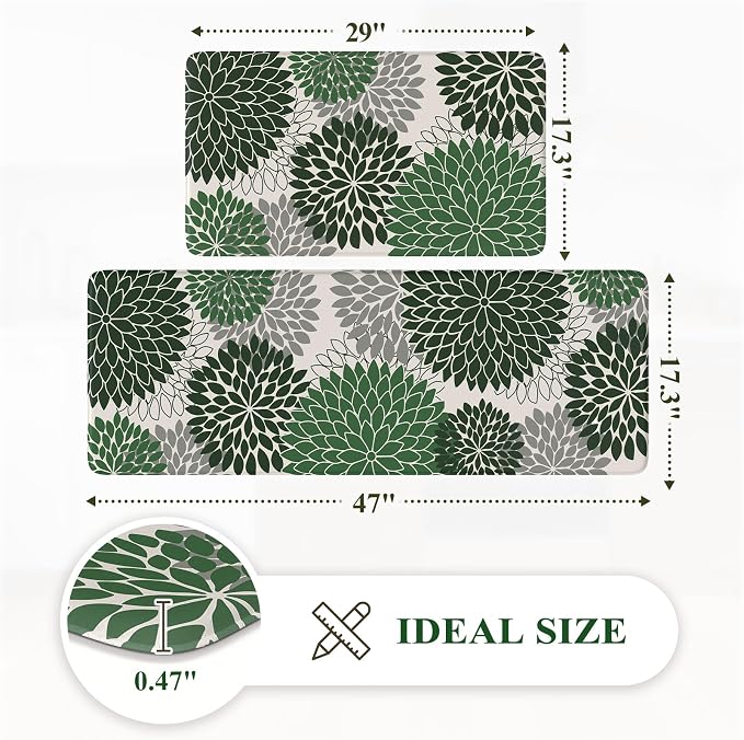 KIMODE Kitchen Mat Anti Fatigue Cushioned Kitchen Rugs Sets of 2 Decor | Dahlia Floral Boho,Non Slip Rubber Backing,Green,Waterproof,Farmhouse Standing Mat Christmas Decor for Laundry Kitchen Sink