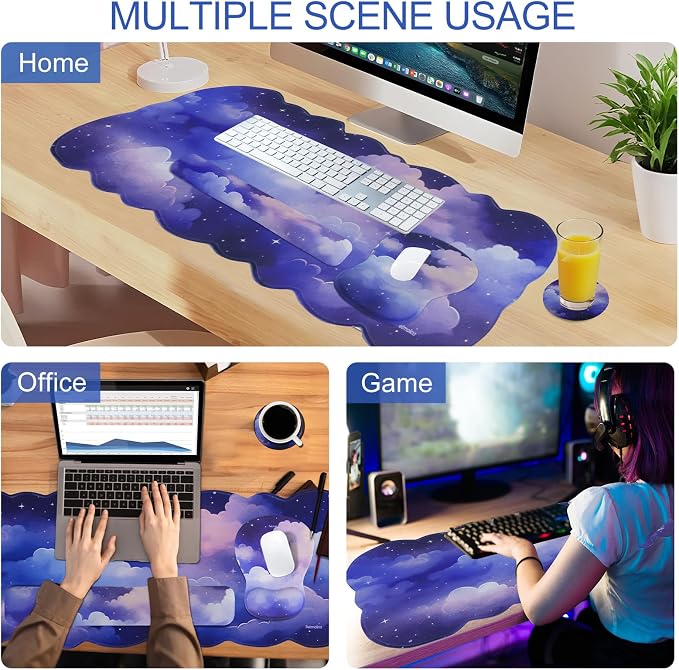 Petmolico Desk Pad Set with Wrist Rest for Keyboard & Mouse, Cloud Sky | Anti-slip PU base, durable Lycra & memory foam, relieves wrist fatigue, perfect for work, home & daily use