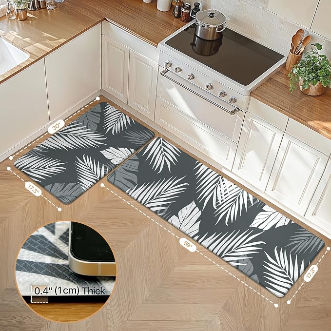 GENIMO Anti Fatigue Kitchen Mats for Floor 2PCS, Cushioned Standing Mats | 17.3"x59"&17.3"x30", Light Grey vintage floral rug set, waterproof, non slip, easy-clean for farmhouse