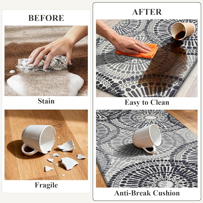 HEBE Anti Fatigue Kitchen Rugs Set of 2, Cushioned Kitchen Mats for Floor | Non Slip Washable Kitchen Runner Rug Set, Floral Stain Resistant Waterproof Comfort Mat Carpet for Sink, Standing Desk