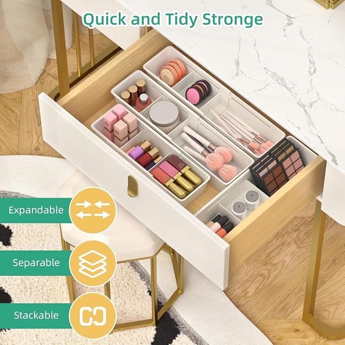 4 Pack Expandable Drawer Organizer, Desk Drawer Organizer Tray | 8 pcs Dividers Adjustable, 16 pcs Non-Slip Feet, Organizer Bins for Junk, Office, Makeup, Kitchen Utensil, Plastic, White