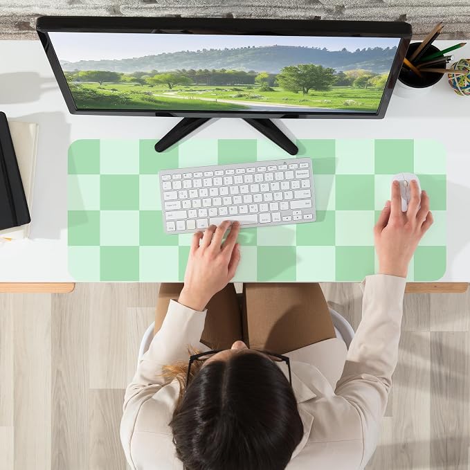 AFIING Sage Green Checkered Desk Mat 31.5" x 12", Waterproof Desk Pad | Non-Slip Rubber Base, Easy Clean Surface, Desk Protection, Office & Home