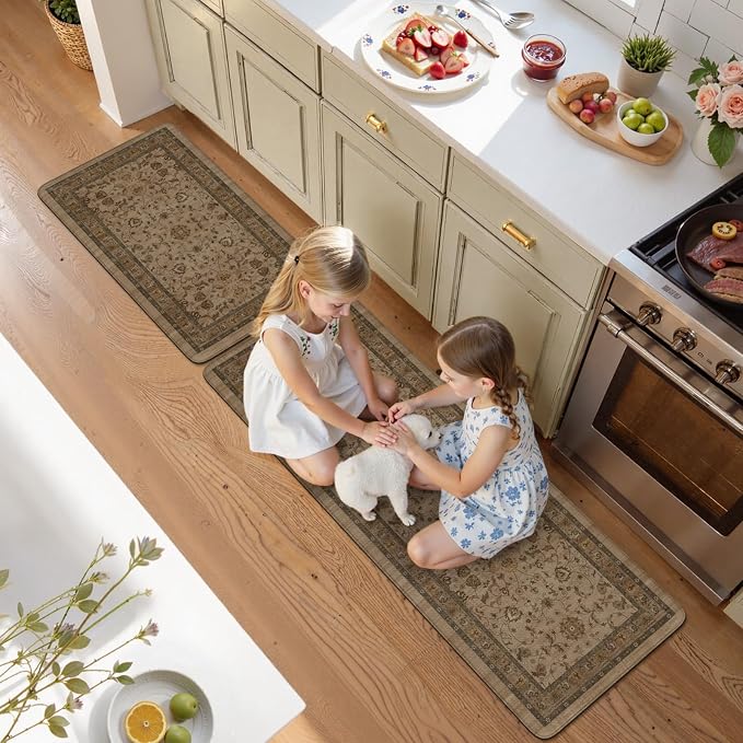 KIMODE Kitchen Floor Mats Anti Fatigue,Cushioned Rugs for Floor Sets of 2 | 17.3"x47"+ 17.3"x29",Brown,Farmhouse Rugs for Floor,Memory Foam Ergonomic Kitchen Mat Non Slip for Laundry Office Bathroom