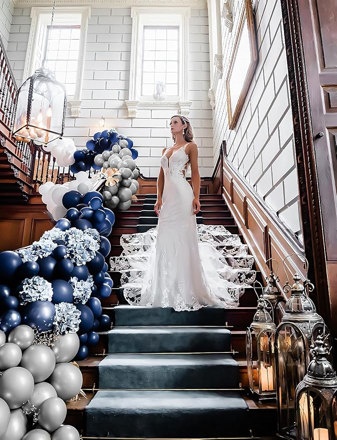 Navy Blue and Silver Balloons Garland Arch Kit, 134 Pcs Father's Day Balloons, White Navy Blue and Silver Balloons with Confetti Latex Balloons for Father Day, Birthday Grad Baby Shower Wedding Decor