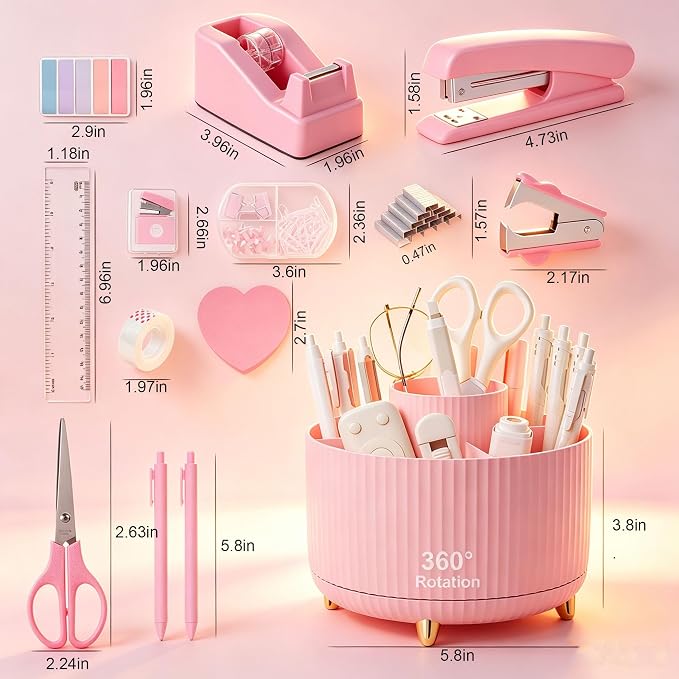 Office Supplies Set Rotating Pen Holder for Desk with Stapler Staple Remover Tape Dispenser,2pcs Tape Refills, Binder Paper Clips Kit, Scissor,Pen Ruler & Sticky Tabs,Pink Office School Supplies(Pink)