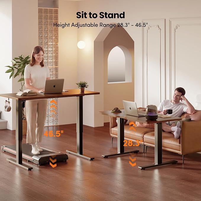 CubiCubi Electric Standing Desk 55 x 24 Inch, Height Adjustable Sit Stand Desk with Memory Presets, Splice Desktop Computer Desk for Home Office, Black Frame/Dark Walnut Top